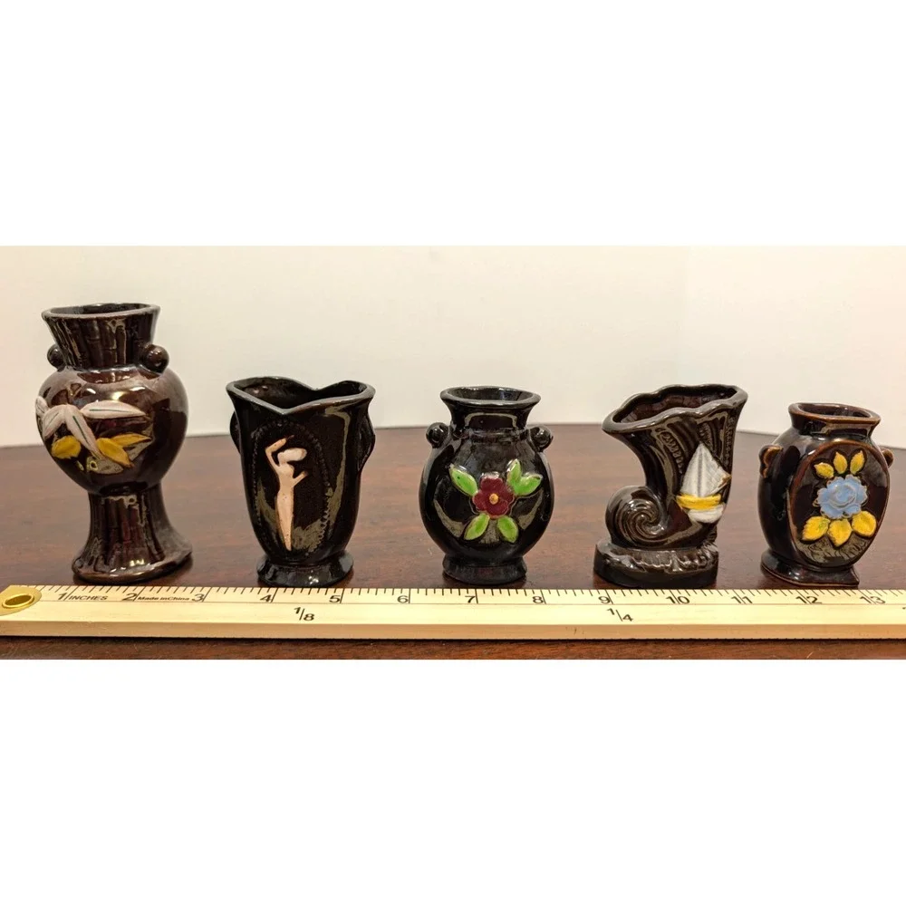 Vintage Miniature Made in Occupied Japan Brown Floral Vases Lot of 5